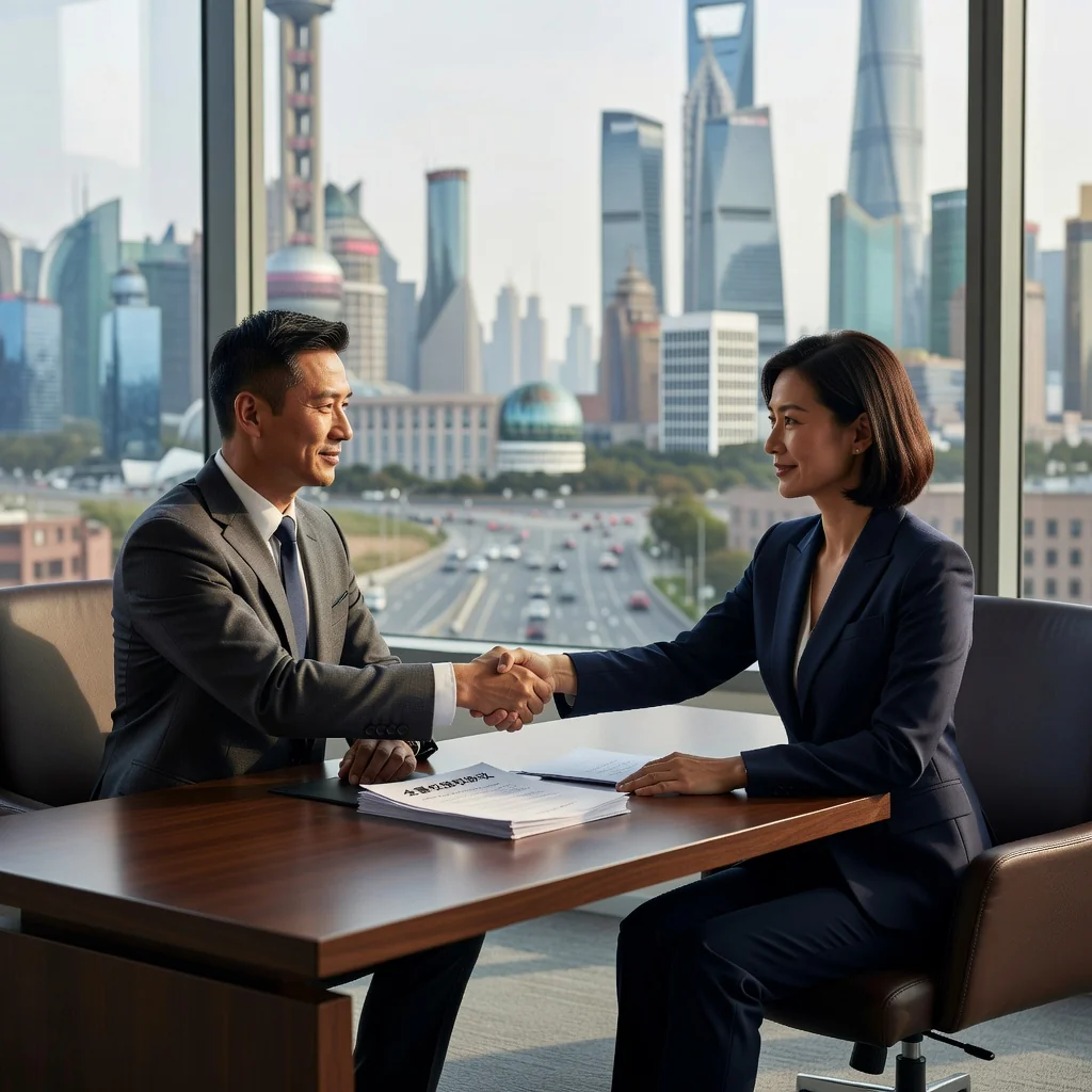 A photorealistic image of two adults shaking hands in a modern office in China, symbolizing agreement and authorization for portrait rights, with subtle Chinese cultural elements like a city skyline in the background. No children are present.
