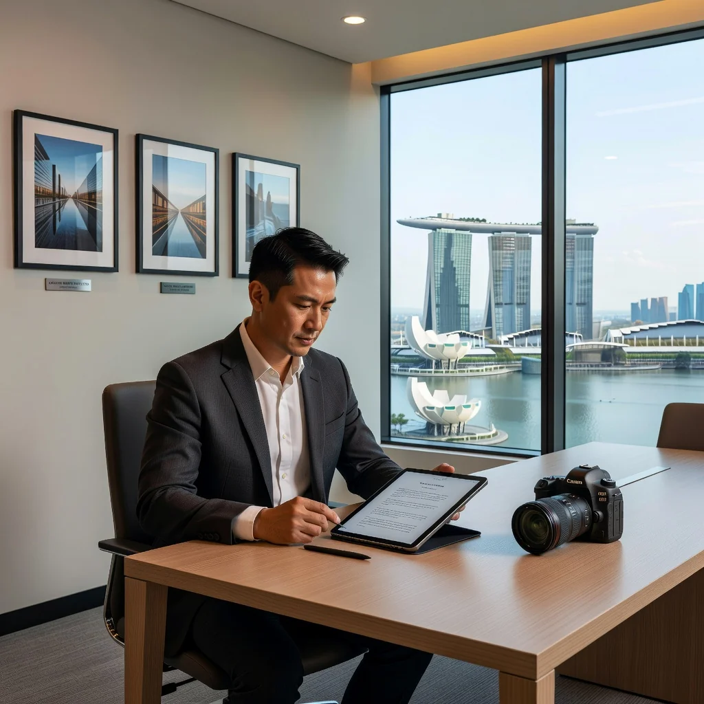 A photorealistic image depicting a professional photographer in a modern Singapore office, reviewing a photo licensing agreement on a tablet with a city skyline view in the background, symbolizing legal rights and obligations in photo licensing under Singapore law. The scene includes elements like a camera and stock photos on the wall, but no legal documents are the focus. No children are present.