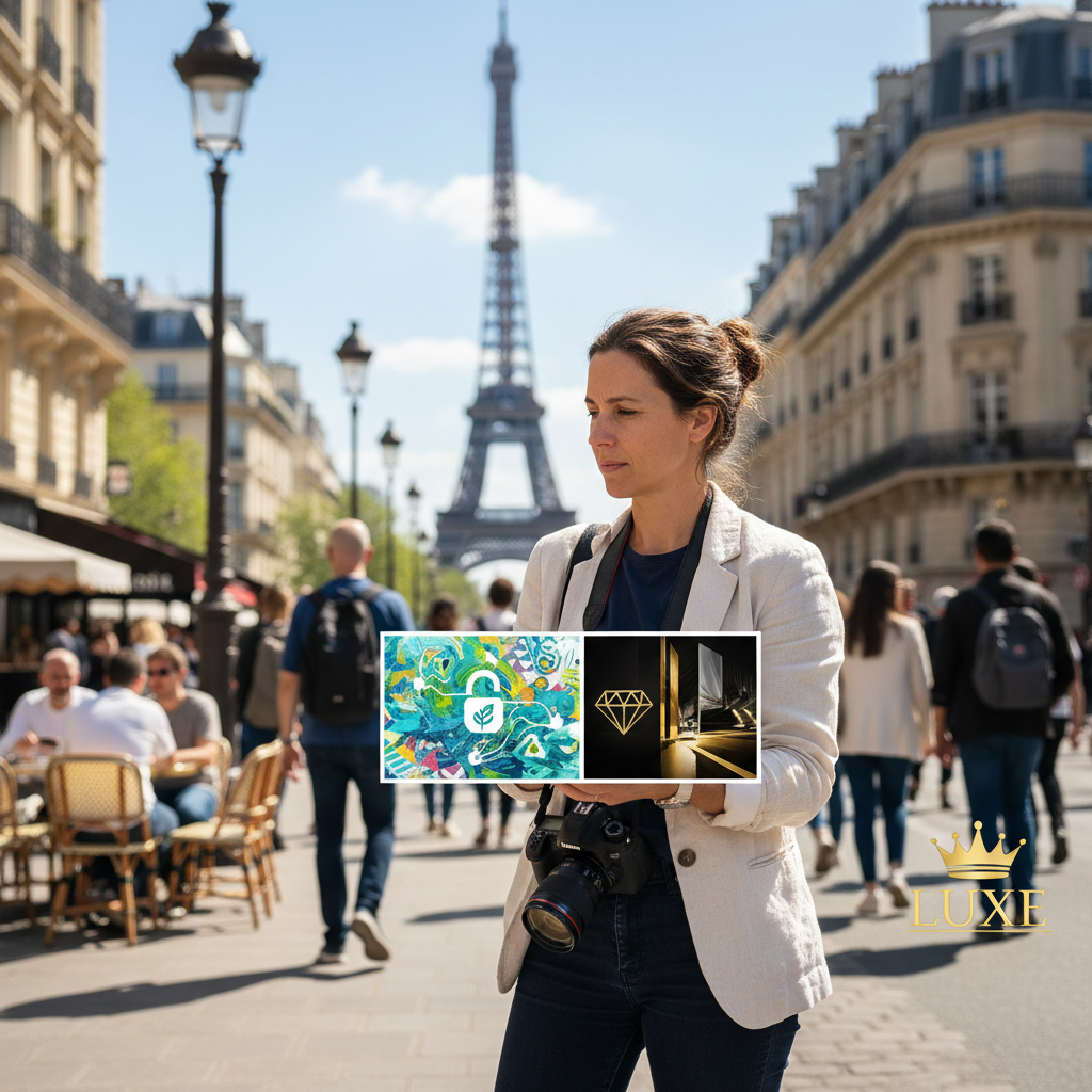 A photorealistic image depicting a professional photographer in a French urban setting, carefully selecting and comparing two photographs on a digital tablet, symbolizing the decision between free and commercial photo licenses, with subtle French landmarks like the Eiffel Tower in the background to evoke the French context. The scene conveys thoughtfulness and professionalism without focusing on legal documents.