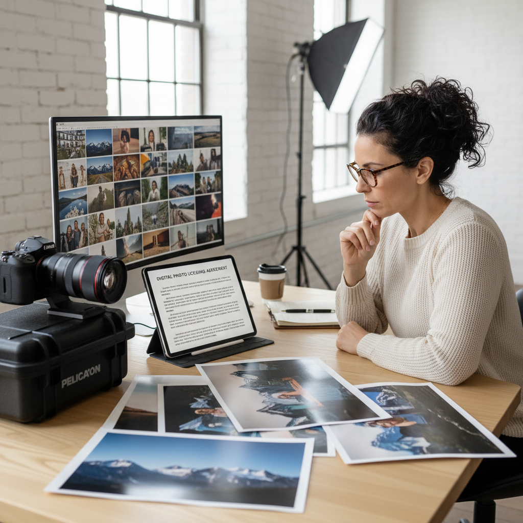A photorealistic image of a professional photographer in a studio setting, carefully reviewing a photo licensing agreement on a tablet while surrounded by camera equipment and printed photographs, symbolizing awareness of common pitfalls in such agreements. The scene conveys caution and professionalism in the adult creative industry, with no children present.