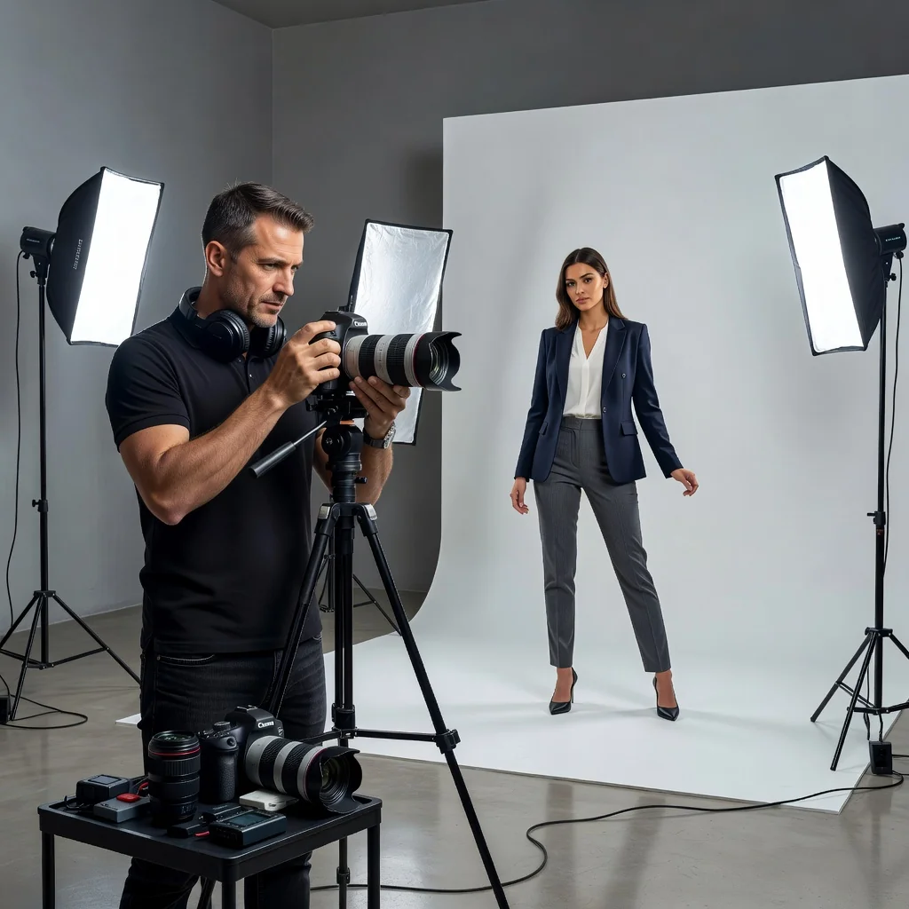 A professional photorealistic scene depicting a photographer in a modern studio capturing the image of an adult model posing confidently for a commercial photoshoot, symbolizing the licensing of photographic images in a contractual context. The focus is on the creative and professional interaction between the photographer and the adult subject, with camera equipment and studio lights visible, evoking the essence of image rights and licensing agreements without showing any legal documents.