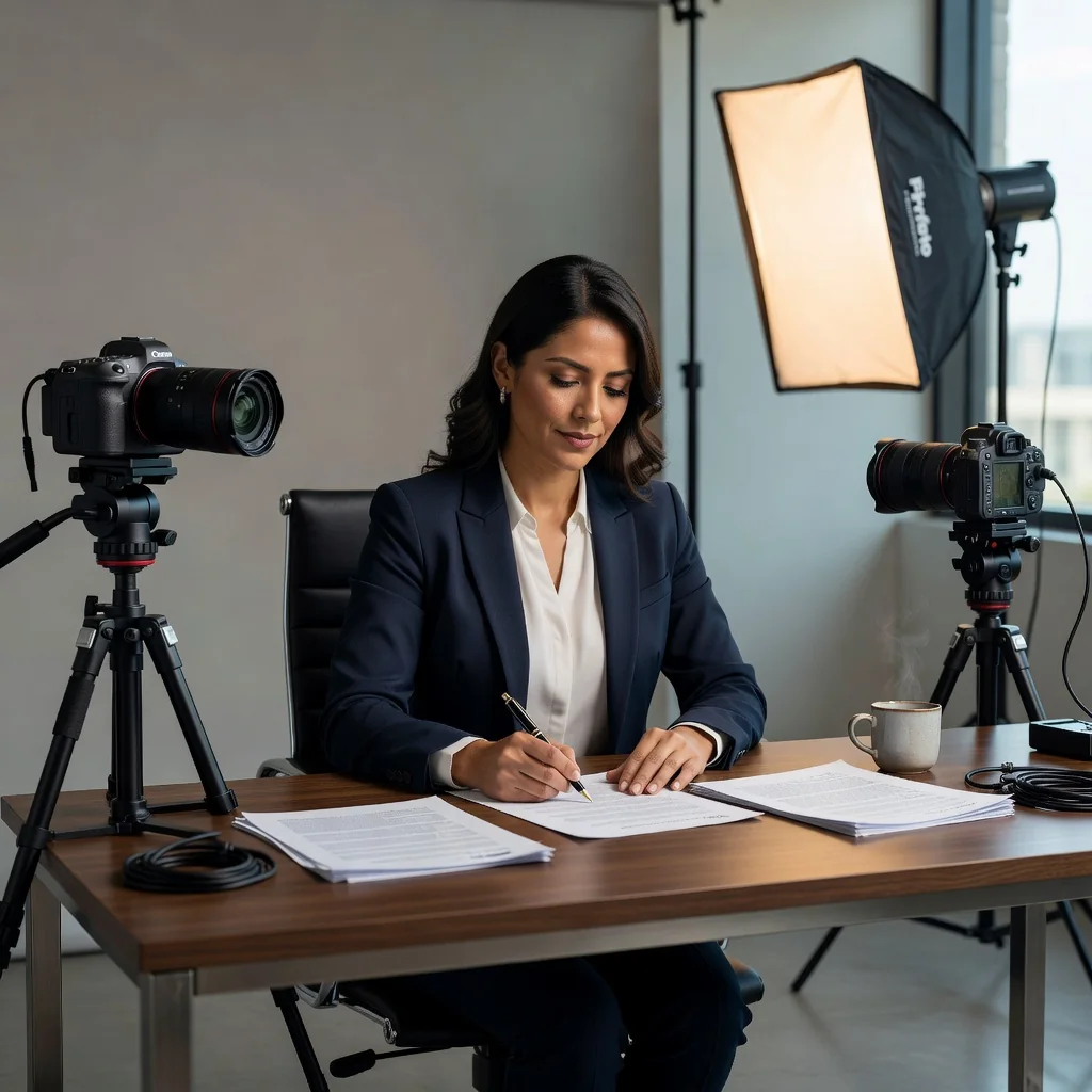 A professional photorealistic image depicting an adult Mexican model in a modern studio, signing a consent form for an image licensing agreement, with subtle elements like a camera and lighting equipment in the background, symbolizing rights and obligations in image licensing contracts, no children or legal documents visible.