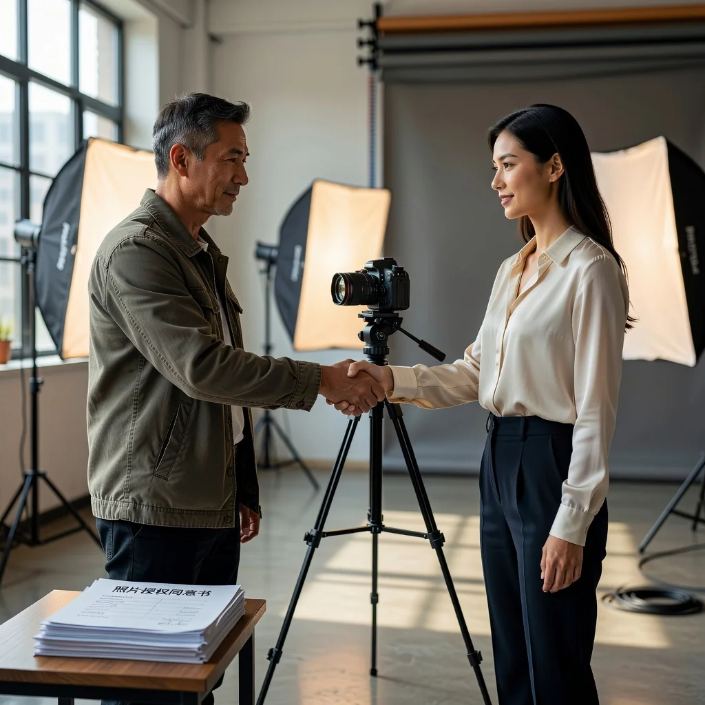 A professional scene representing the purpose of drafting effective photo authorization contracts in China, showing a diverse group of adults including a photographer and a model shaking hands in agreement over a camera and photo session setup in a modern studio, symbolizing consent and legal authorization for photography.