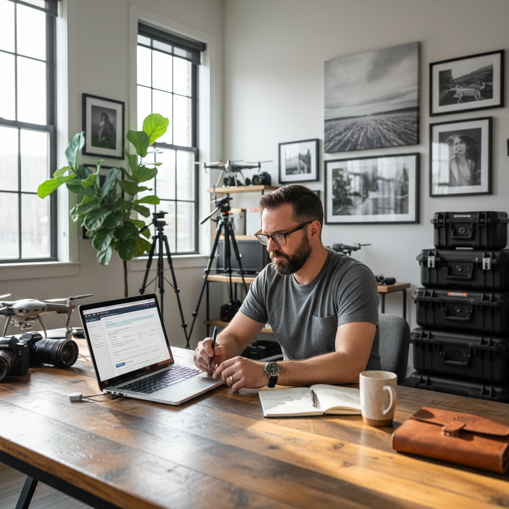 A photorealistic image of a professional photographer in a modern studio, carefully reviewing and signing a licensing agreement for his image portfolio on a laptop, surrounded by high-quality photographs and camera equipment, conveying the theme of common mistakes in image licensing contracts without focusing on the document itself.