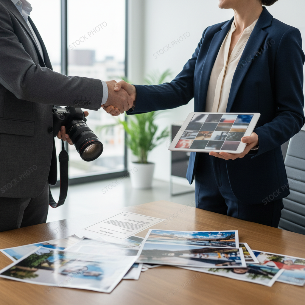 A photorealistic image of two professional adults, a photographer and a business client, shaking hands in a modern office setting with photography equipment and stock photo prints on the table in the background, symbolizing a photo licensing agreement discussion. The atmosphere is collaborative and professional, with natural lighting.