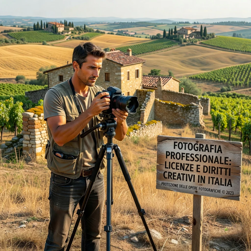 A photorealistic image of an Italian photographer in a professional setting, such as a scenic outdoor location in Italy, capturing a landscape with a high-end camera, symbolizing the licensing and usage rights of photography work under Italian law. The scene should evoke creativity, professionalism, and the business aspect of photography without focusing on legal documents. No children are present in the image.