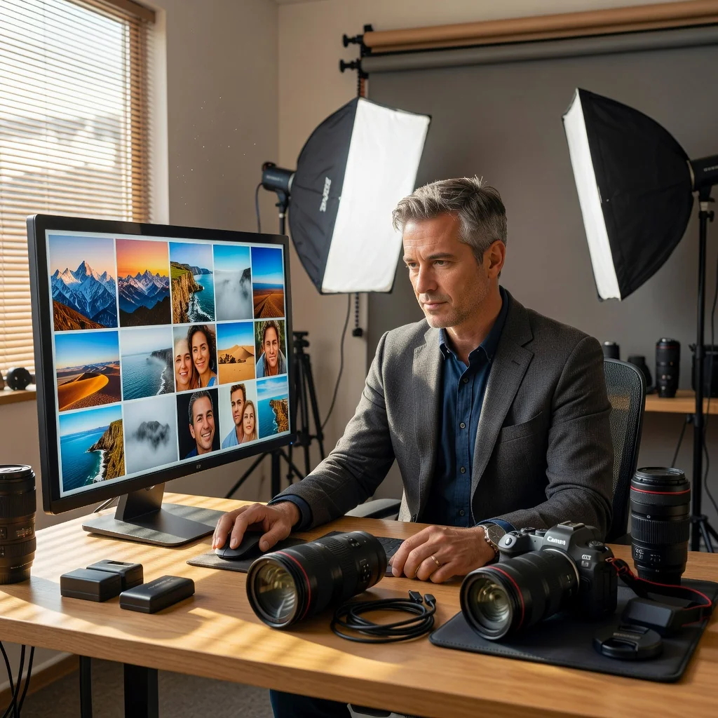 A professional photographer in a modern studio, carefully selecting and organizing high-quality photographs on a computer screen, symbolizing the licensing and distribution of photography work for commercial use, with natural lighting and professional equipment in the background.
