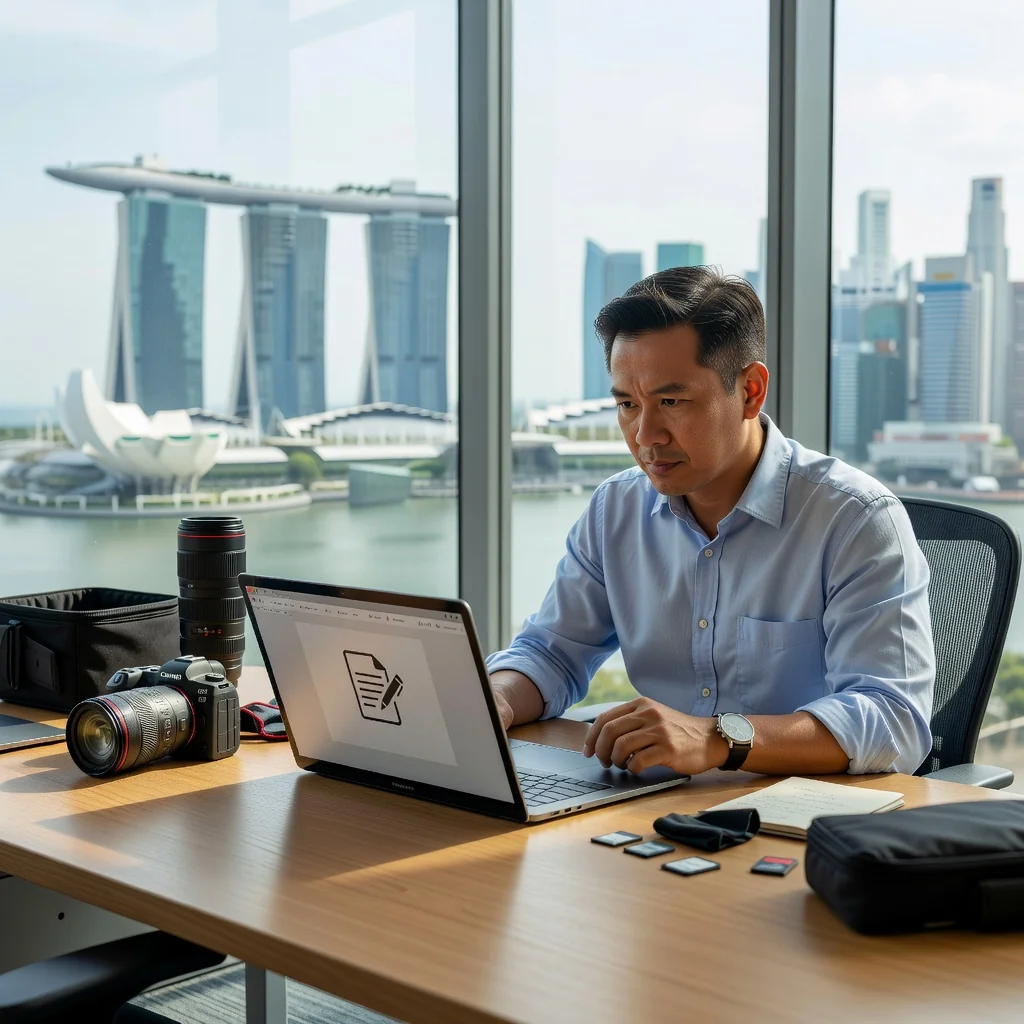 A photorealistic image depicting a professional photographer in a modern Singapore office, reviewing a photo licensing agreement on a computer screen, with subtle Singapore skyline visible through the window, symbolizing the importance of legal protections in photography business. No children present.