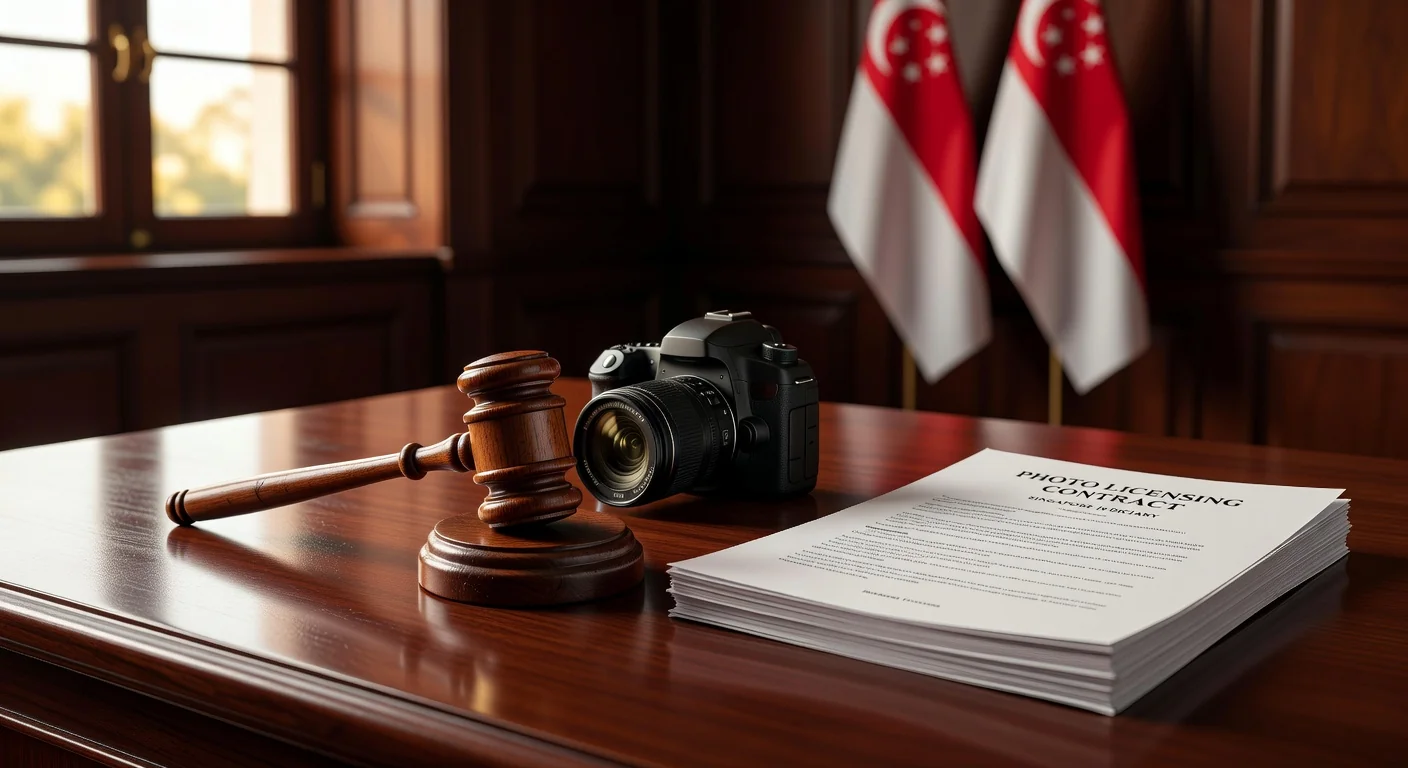 Gavel and camera on Singapore courthouse desk