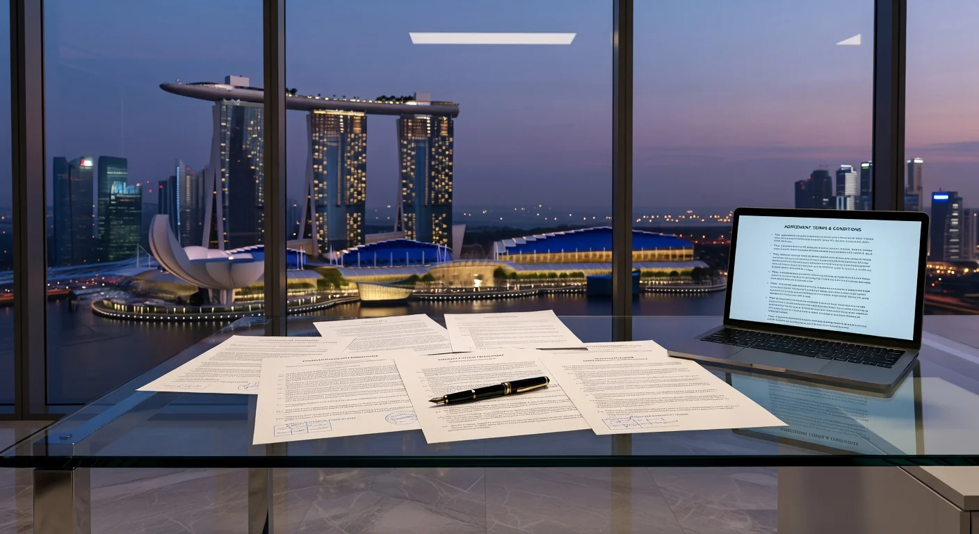 Singapore skyline with legal documents