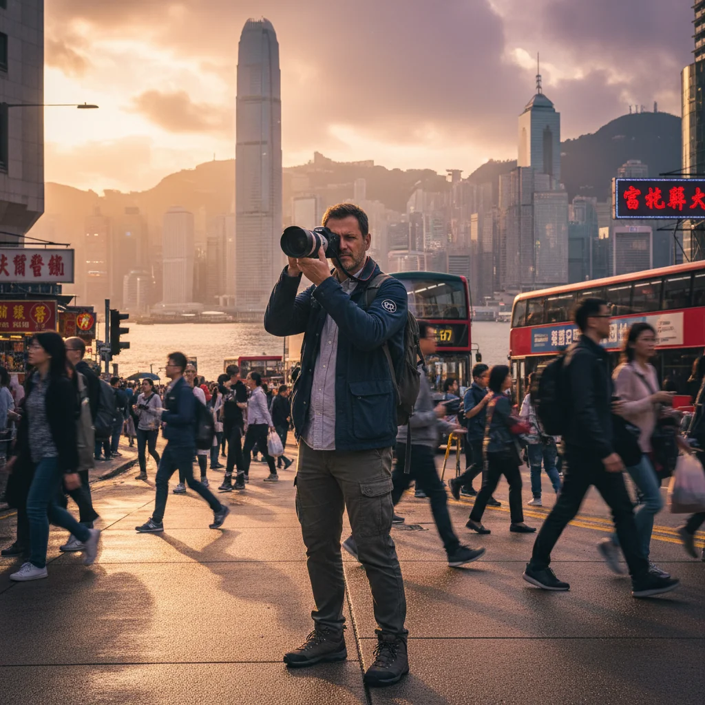 A photorealistic image of a professional photographer capturing vibrant scenes of Hong Kong's skyline and harbor at dusk, symbolizing the creative and legal aspects of photo licensing agreements in the city.