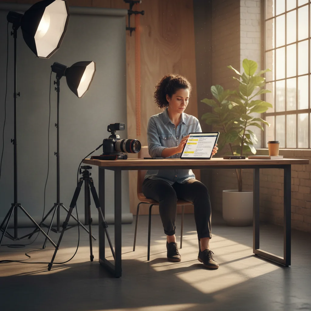 A photorealistic image of an adult professional photographer in a studio setting, carefully reviewing a licensing agreement on a tablet while positioning a camera, symbolizing the rights and obligations in Portuguese photographic image licensing, with no children present and a focus on consent and professional use.