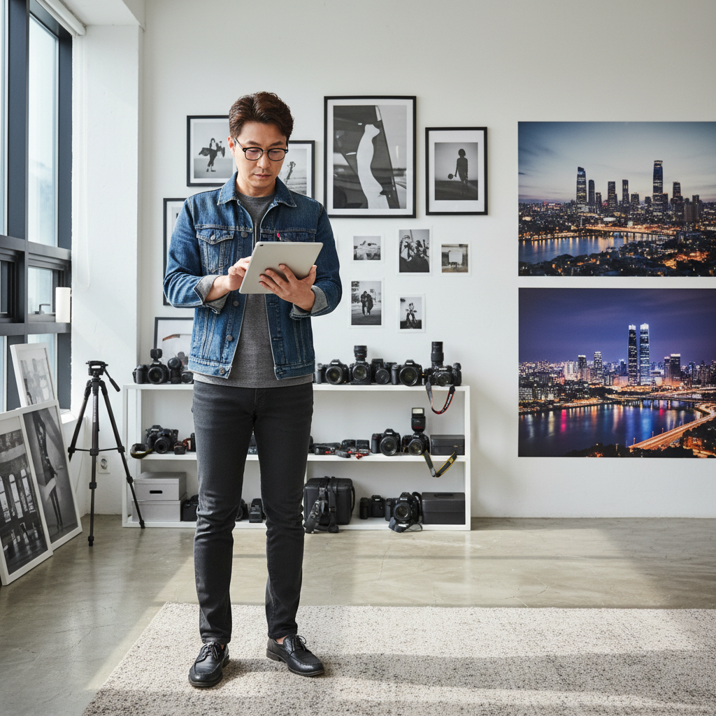 A photorealistic image of a professional Korean photographer in a modern studio, reviewing a licensing agreement on a tablet with a displayed photograph in the background, symbolizing the purpose of photo license contracts without showing any actual documents or children.