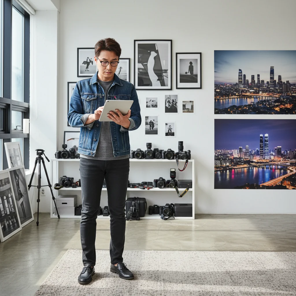 A photorealistic image of a professional Korean photographer in a modern studio, reviewing a licensing agreement on a tablet with a displayed photograph in the background, symbolizing the purpose of photo license contracts without showing any actual documents or children.