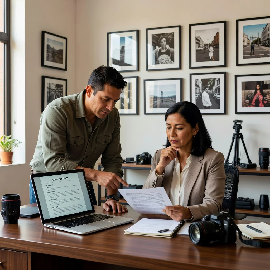 A photorealistic hero image for an article on photographic image license contracts in Mexico, depicting a professional photographer in a studio setting reviewing a license agreement with a client, surrounded by high-quality photographs on display, conveying themes of creative rights and legal protection in the photography industry, with no children present.