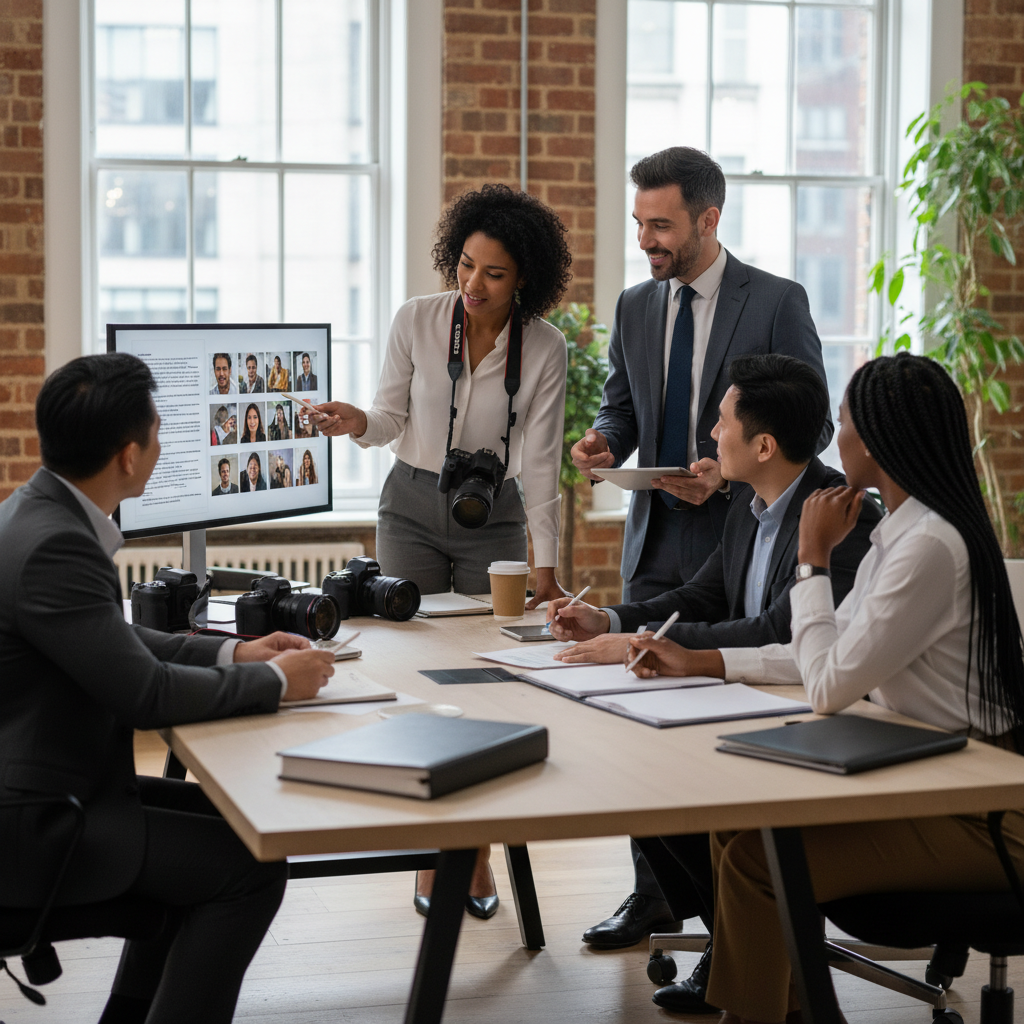 A professional photographer in a modern UK studio reviewing a licensing agreement on a tablet with a colleague, surrounded by photographic equipment and images on the walls, symbolizing the understanding of licence agreements for photographic images.