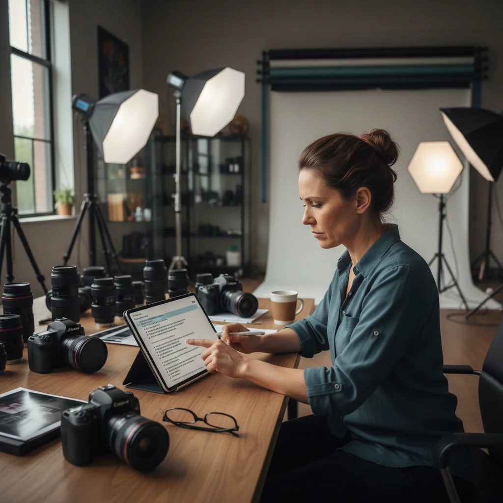A photorealistic image of a professional photographer in a modern studio, carefully reviewing a licensing agreement on a tablet while holding a high-end camera, symbolizing the importance of key clauses in photo license contracts. The scene conveys trust, professionalism, and legal protection in image usage, with no children present.