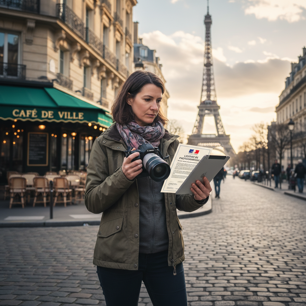 A photorealistic image of a professional photographer in a French urban setting, carefully reviewing a photography license agreement on a tablet while capturing a street scene with a camera, symbolizing the use and protection of photographic works in France. The scene includes iconic French elements like a cafe or landmark in the background, with an adult professional focus, no children present.