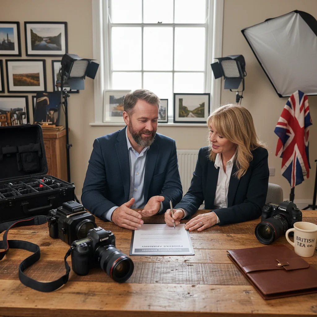 A photorealistic image of a professional photographer in a modern UK studio, reviewing a photography license agreement with a client, symbolizing the key clauses in such contracts, with camera equipment and subtle British elements in the background, no children present.