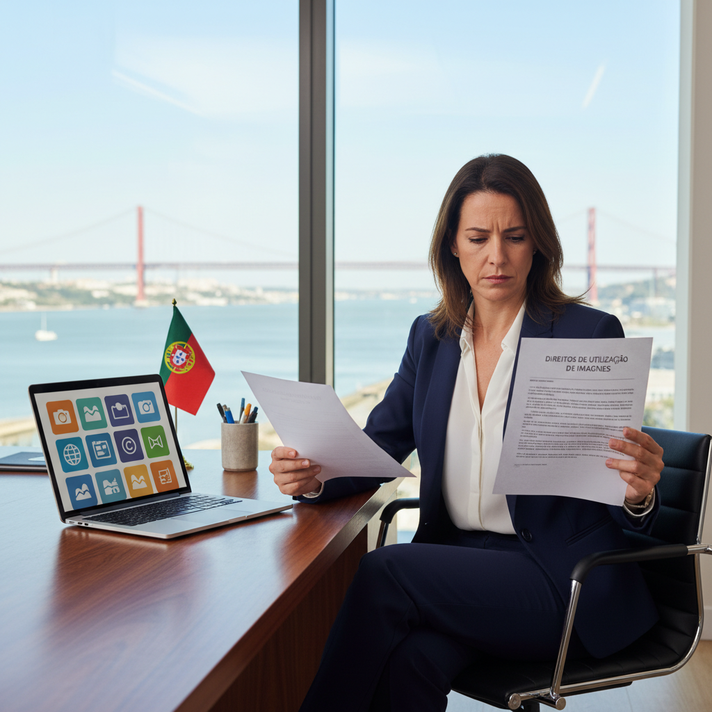 A photorealistic image of a professional adult woman in a modern office in Portugal, sitting at a desk with a computer, reviewing documents related to image licensing, with subtle Portuguese cultural elements like a flag or Lisbon skyline in the background, conveying a sense of compliance and business professionalism.