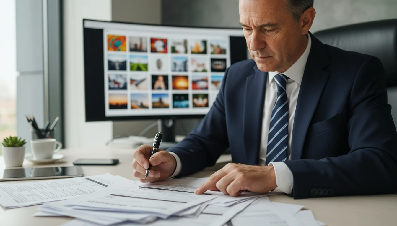 Adult professional reviewing image license application.