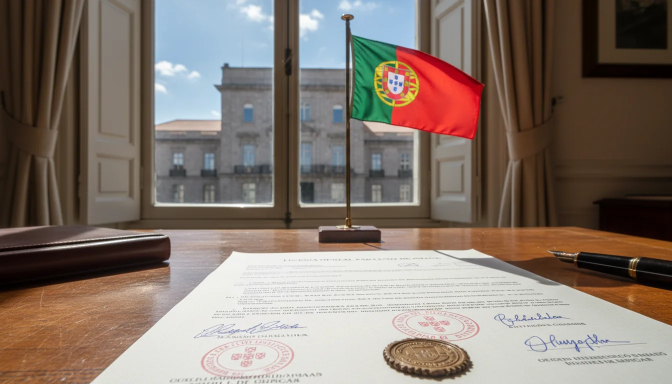 Portuguese flag with official license document.