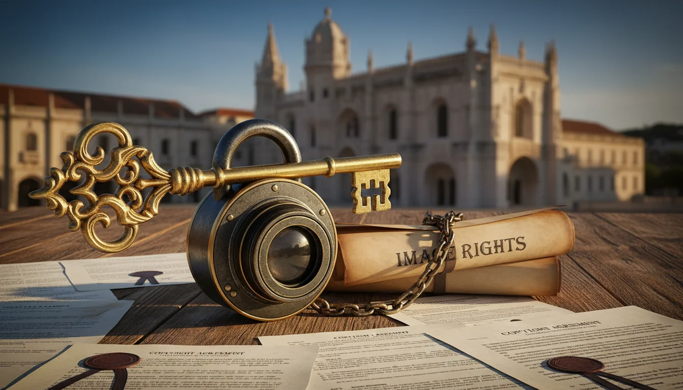 Symbolic key unlocking image rights in Portugal.