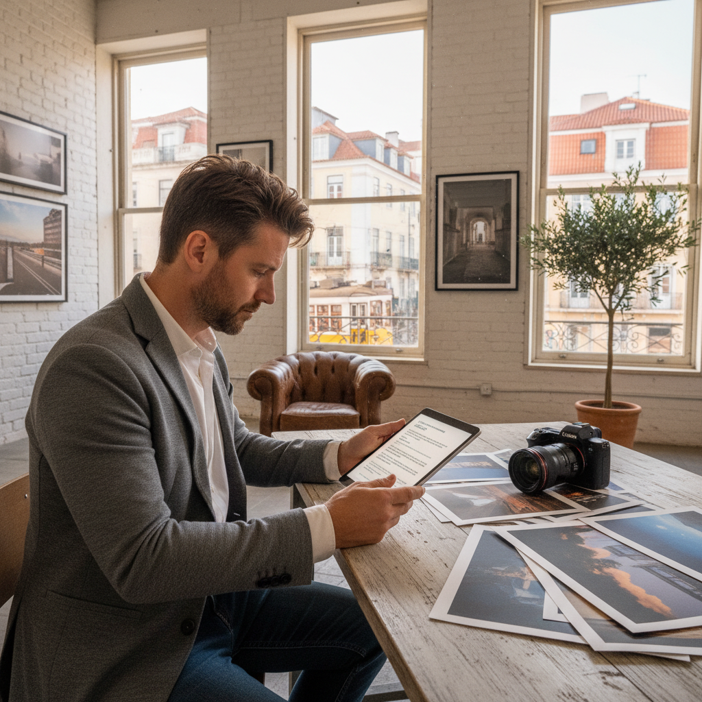 A photorealistic image of a professional photographer in a modern studio in Portugal, carefully reviewing a photography license agreement on a tablet while surrounded by high-quality photographs displayed on the walls, symbolizing the purpose of image usage rights without focusing on the document itself. The scene is set in a bright, contemporary environment with Portuguese cultural elements like azulejo tiles in the background. No children are present in the image.