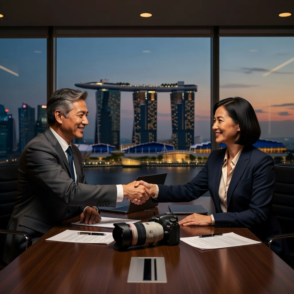 A photorealistic image of two professional adults in a modern Singapore office, shaking hands over a camera and lens on a table, symbolizing a photo licensing agreement. The background features subtle Singapore skyline elements like Marina Bay Sands through a window, emphasizing business and photography collaboration. No children are present.
