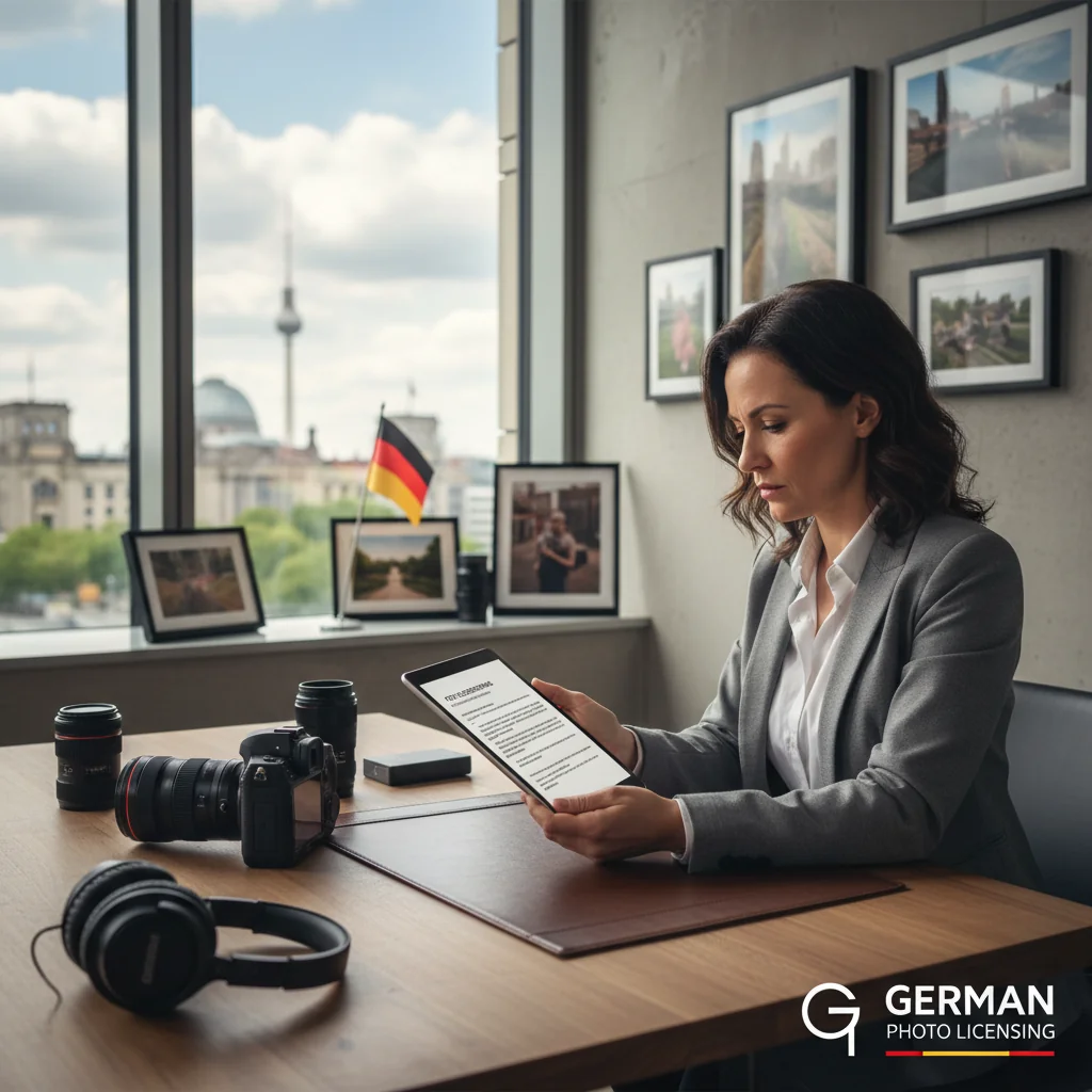 A photorealistic image of a professional photographer in a modern studio, carefully reviewing a licensing agreement on a tablet while surrounded by high-quality photographs and camera equipment, symbolizing the legal aspects of photo licensing in Germany without focusing on the document itself.