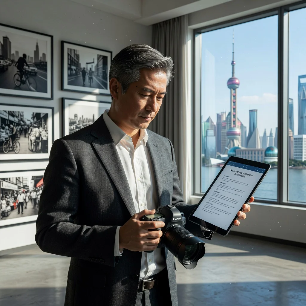 A photorealistic image of a professional Chinese photographer in a modern studio, carefully reviewing a photo license agreement on a tablet while holding a high-quality camera, symbolizing the rights and obligations in photo licensing in China. The scene is set in a contemporary environment with subtle Chinese cultural elements like traditional decor in the background, emphasizing professionalism and legal clarity without focusing on the document itself.