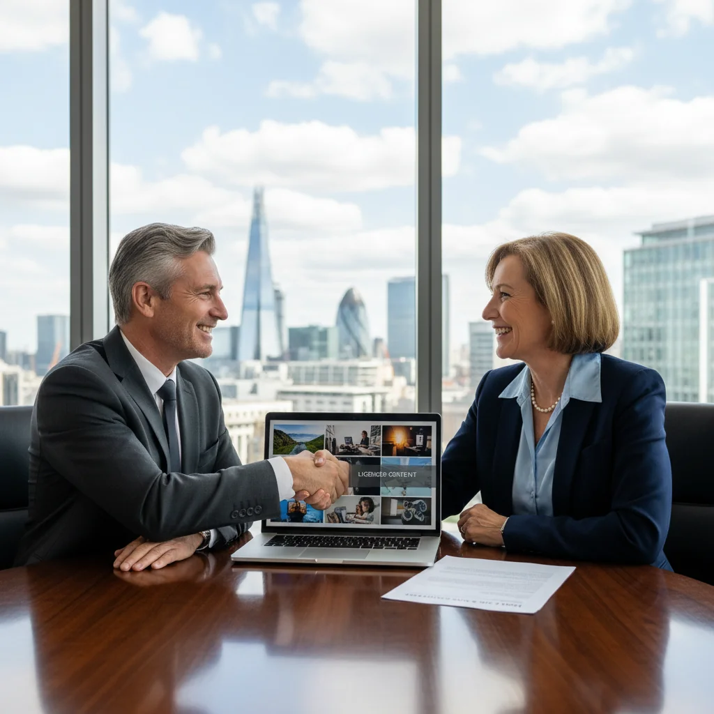 A photorealistic image of two professional adults in a modern office setting, shaking hands over a laptop displaying a digital image licensing agreement, symbolizing the mutual understanding and obligations in UK image licensing contracts. The scene conveys trust, collaboration, and legal professionalism without showing any documents directly.