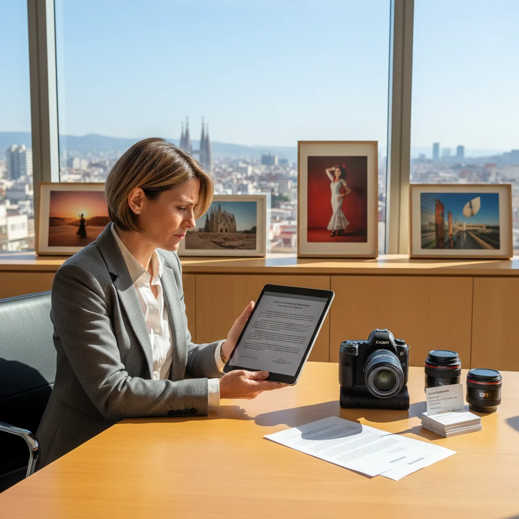 A photorealistic image of a professional photographer in a modern Spanish office setting, reviewing a licensing agreement on a tablet while surrounded by framed photographs and camera equipment, symbolizing the purpose of a photography license contract in Spain. The scene conveys professionalism, creativity, and legal assurance without focusing on the document itself.