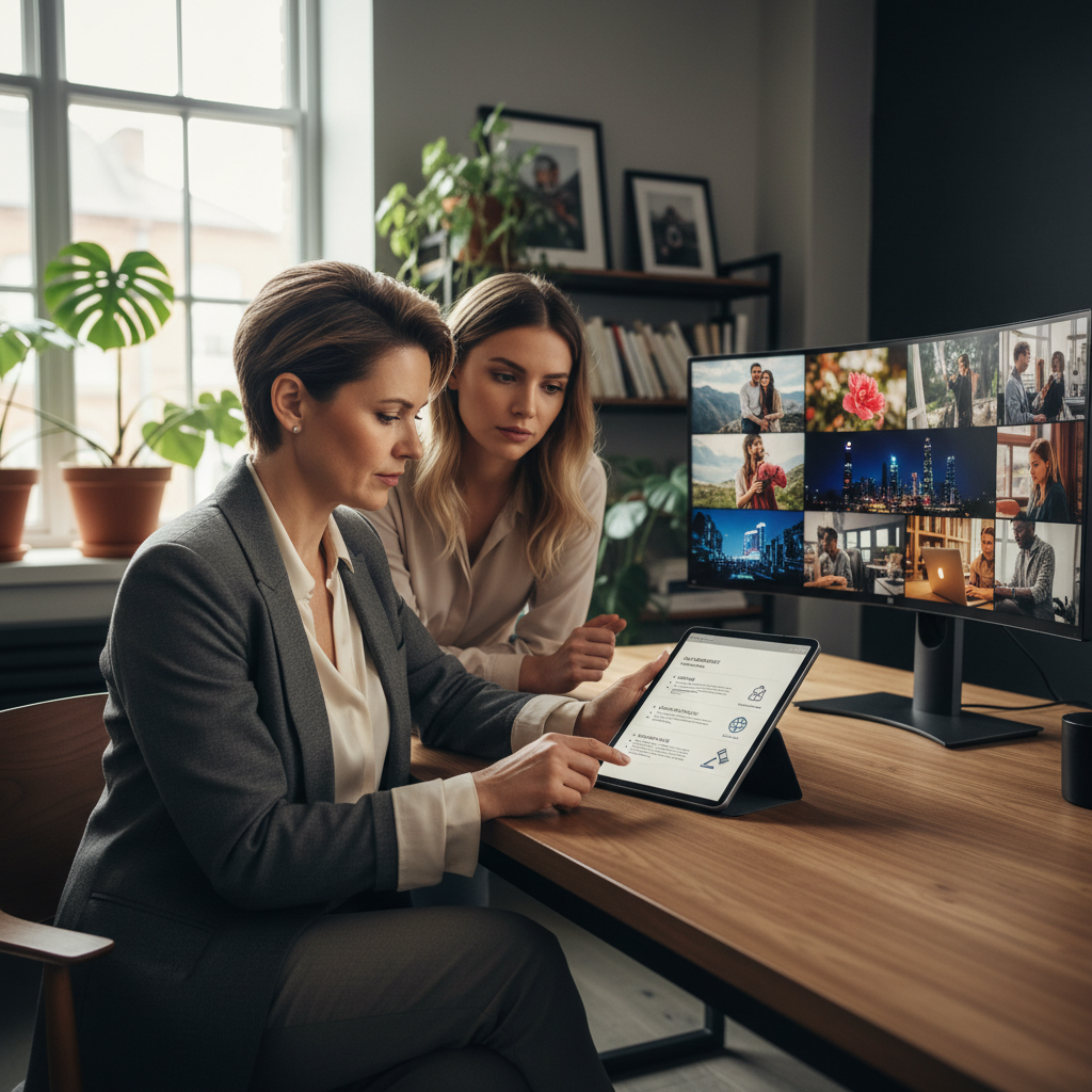 A photorealistic image of a professional photographer in a modern studio, reviewing licensing terms on a tablet with stock photos displayed on a computer screen in the background, symbolizing the agreement for photo usage rights between creators and clients.