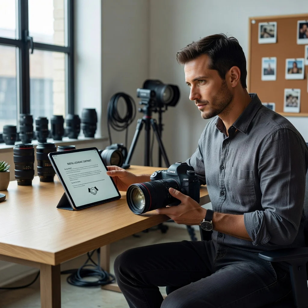 A photorealistic image of a professional photographer in a modern studio, carefully reviewing a licensing agreement on a tablet while holding a high-end camera, symbolizing rights and obligations in a photographic license contract. The scene conveys trust and professionalism in the creative industry, with no children present.