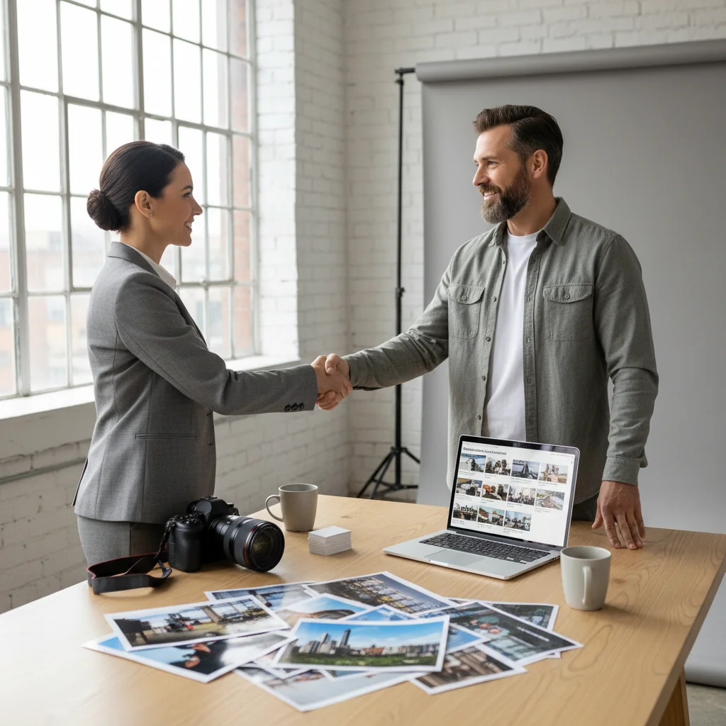 A photorealistic image of a professional photographer in a modern studio, shaking hands with a business client over a table with a camera and stock photos, symbolizing a photo licensing agreement, no children present.