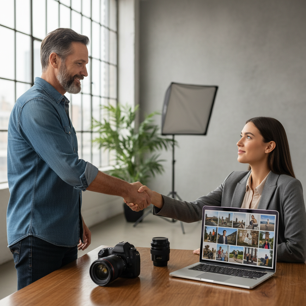 A professional photographer in a modern studio, shaking hands with a business client over a table with camera equipment and stock photos displayed on a screen, symbolizing the agreement for licensing photos, photorealistic style, no children present.