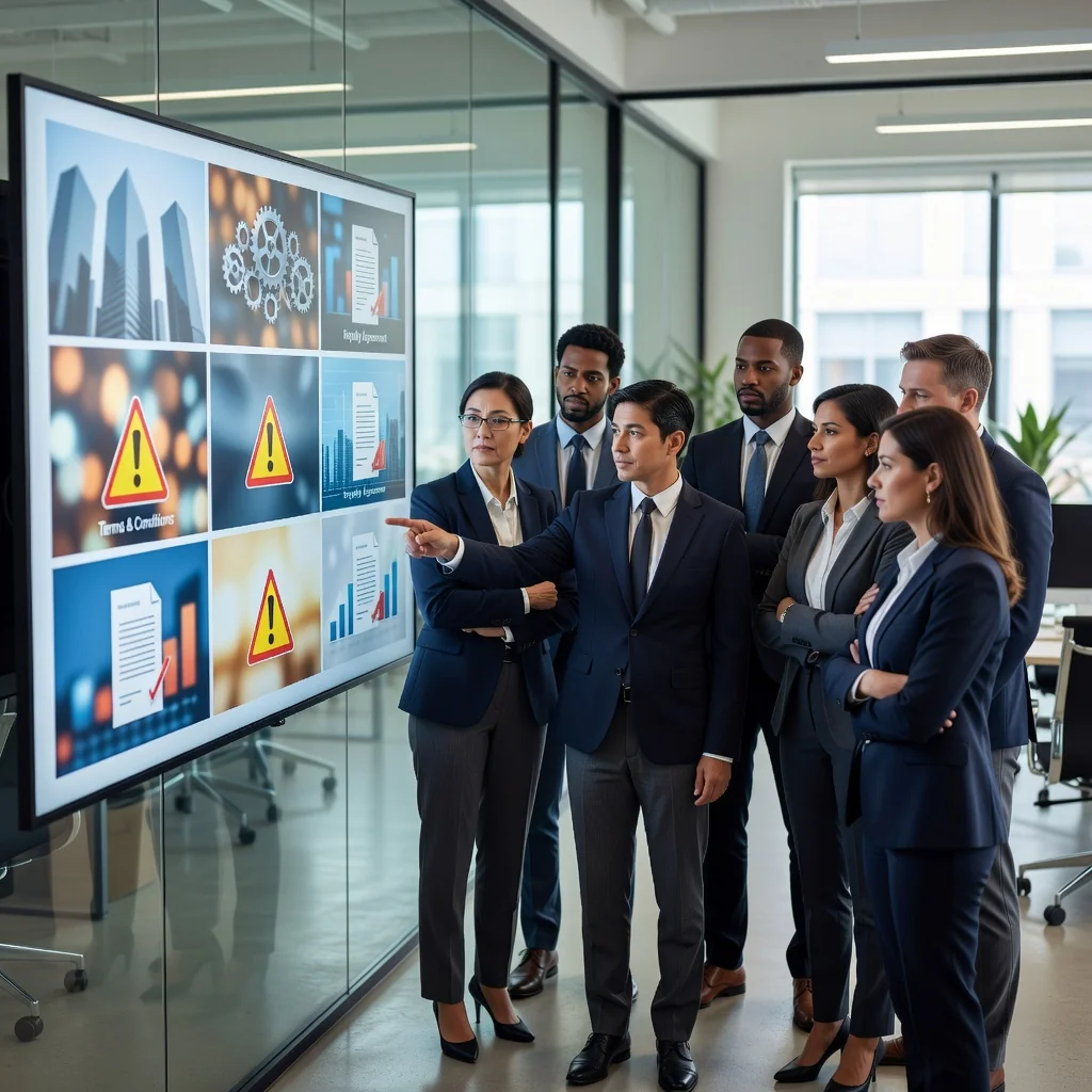A photorealistic image depicting a professional business meeting in a modern office where adults are discussing commercial photography usage, with stock photos and licensing agreements subtly in the background on a screen, emphasizing careful consideration and collaboration among adults only, no children present.