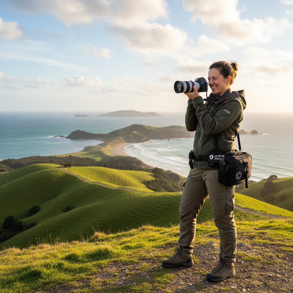 A photorealistic image of a professional photographer in New Zealand capturing scenic landscapes with a camera, symbolizing the creative and legal aspects of photograph licensing agreements. The scene includes elements like rolling green hills or coastal views, with the photographer focused on their work, emphasizing the purpose of understanding licenses for photographs.