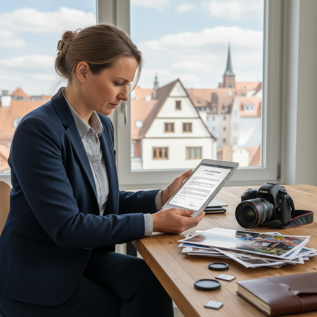 A photorealistic image of a professional photographer in a modern studio, carefully reviewing a licensing agreement on a tablet while holding a high-end camera, symbolizing the legal aspects of photo licensing in Germany. The scene conveys trust, professionalism, and the intersection of creativity and law, with no children present.