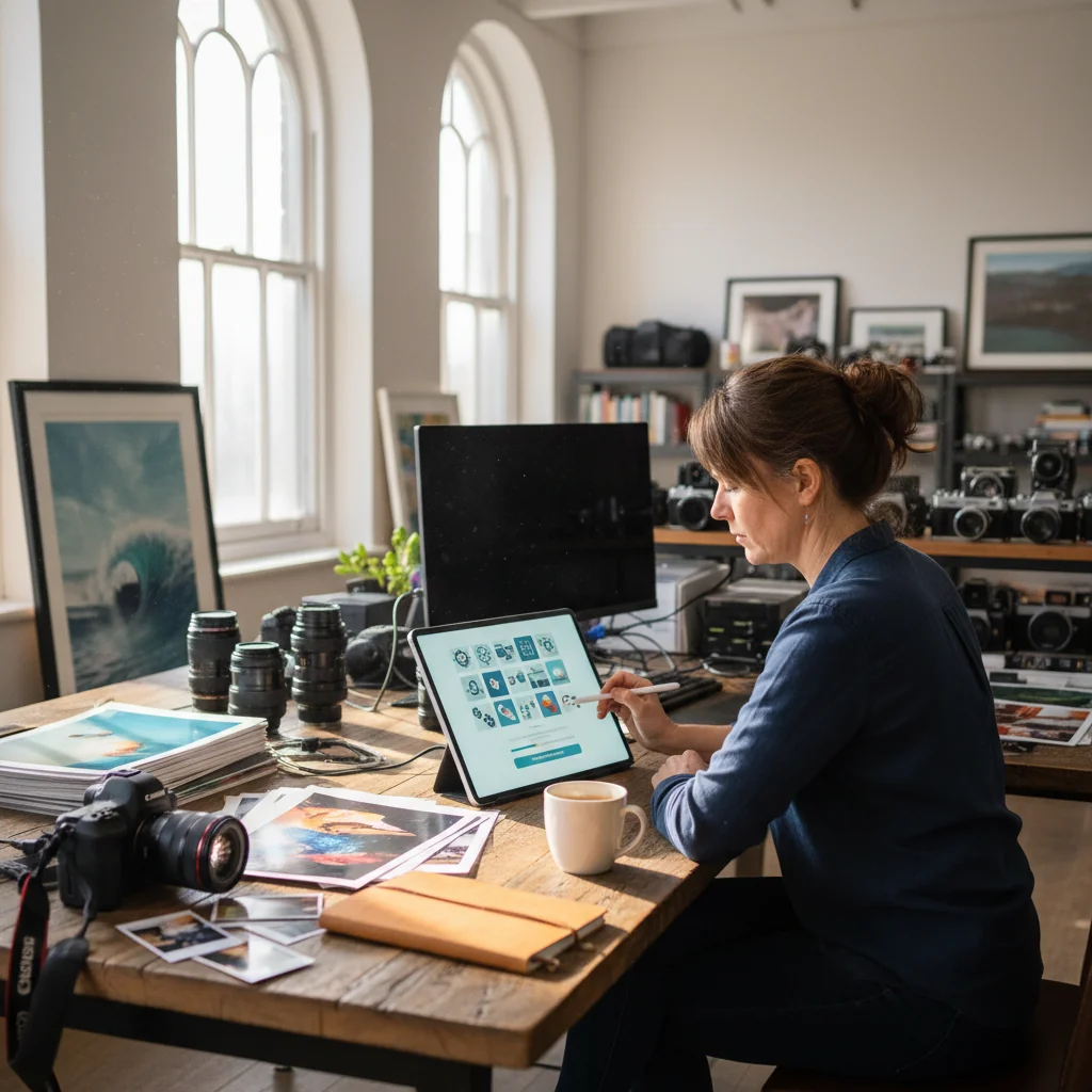 A photorealistic image of a professional photographer in a modern studio, reviewing licensing terms on a tablet with photographic images displayed on a computer screen nearby, symbolizing the agreement for using photographic images in the UK.