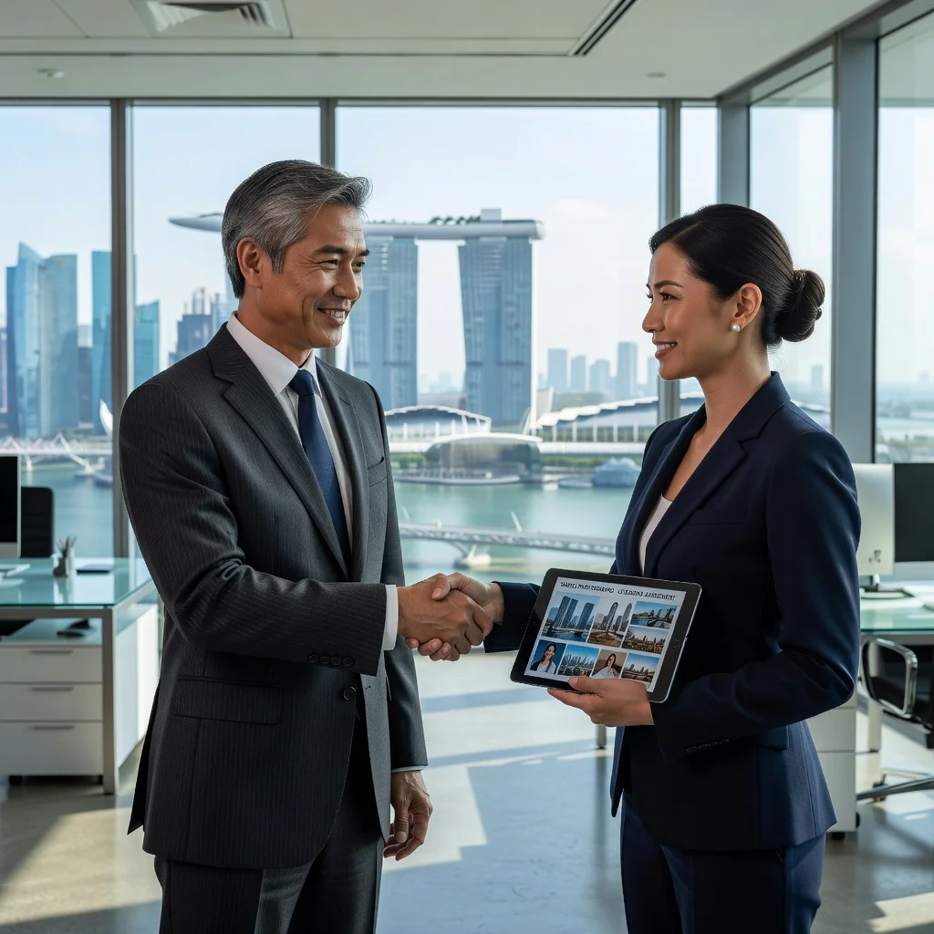 A professional photographer in a modern Singapore office, shaking hands with a business client over a portfolio of photos, symbolizing the agreement and licensing of photographic works in a legal context, with subtle Singapore skyline in the background.