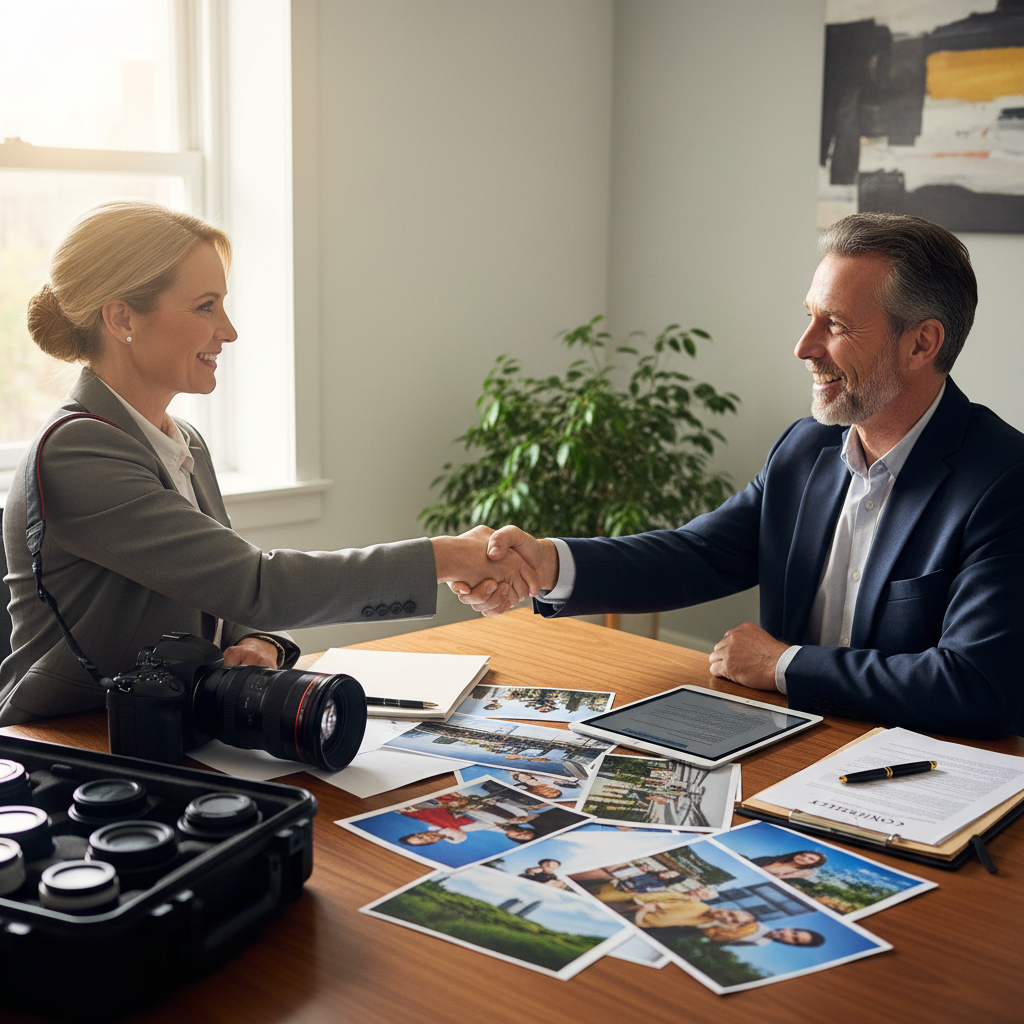 A photorealistic image of two professional adults in a modern office setting, shaking hands over a conference table with photography equipment like cameras and lenses in the background, symbolizing a photo licensing agreement.