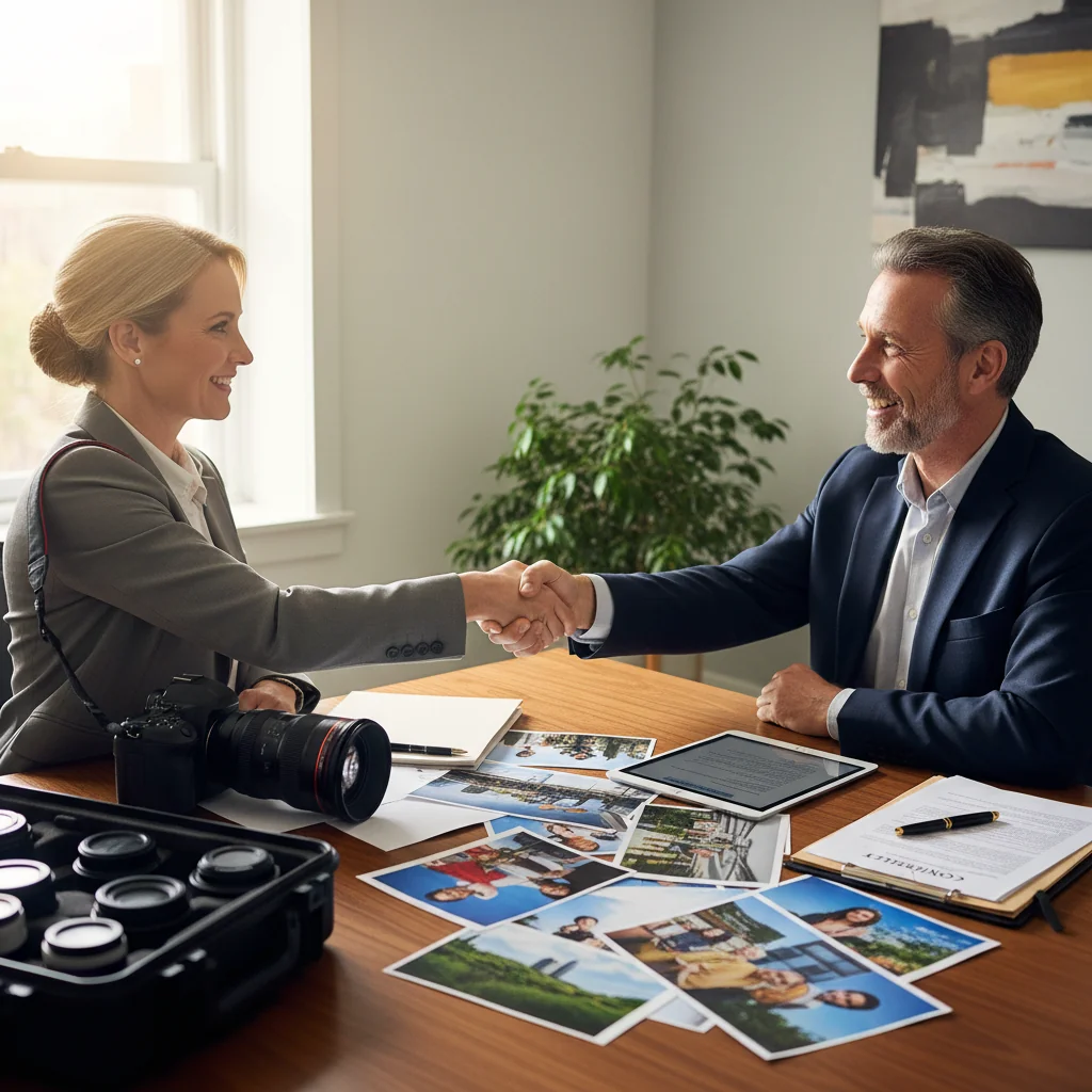 A photorealistic image of two professional adults in a modern office setting, shaking hands over a conference table with photography equipment like cameras and lenses in the background, symbolizing a photo licensing agreement.