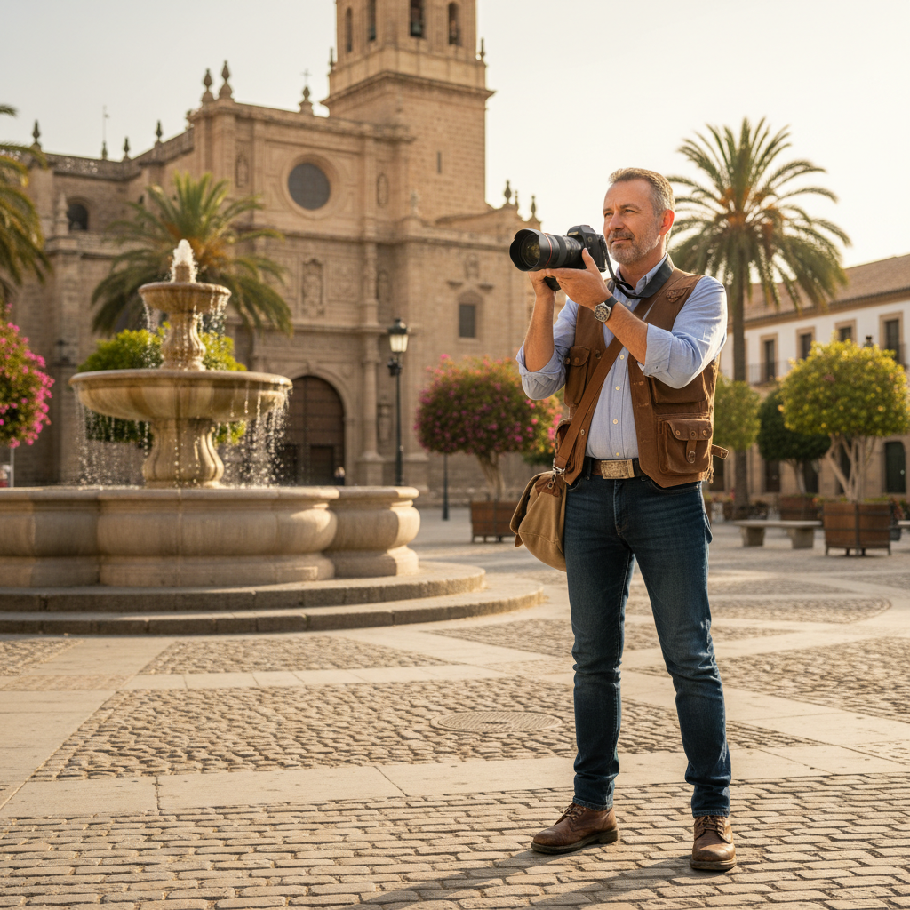 A professional photographer in Spain capturing a vibrant photograph of a historic Spanish landmark, symbolizing the licensing of photography rights through a legal contract. The scene is set outdoors with warm sunlight, emphasizing creativity and legal protection in photography.