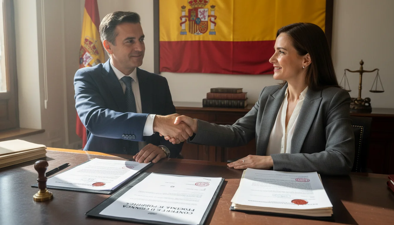 Signing photography license agreement in Spain.