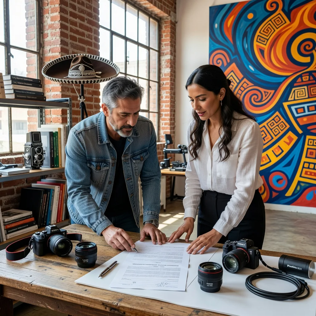 A photorealistic image of a professional photographer in a modern studio in Mexico, carefully reviewing a licensing agreement with an adult model before a photo shoot, symbolizing the purpose of a photographic image license contract. The scene includes camera equipment and subtle Mexican cultural elements like colorful textiles in the background, conveying trust and professionalism in image rights management.