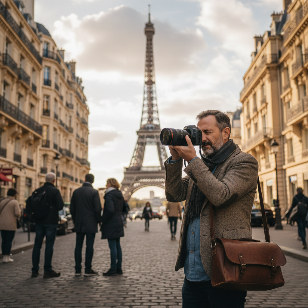 A photorealistic image of a professional photographer in France capturing a scenic outdoor scene with a camera, symbolizing the use and licensing of photographs. The image conveys themes of creativity, legal permissions, and cultural heritage without showing any legal documents or children.
