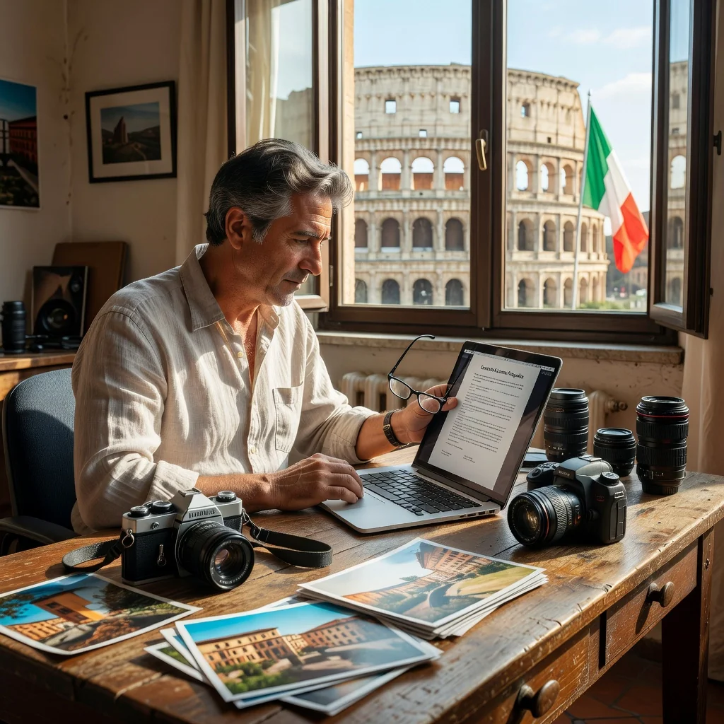 A professional photographer in a studio in Italy, reviewing license agreements on a laptop, with Italian landmarks visible through the window, symbolizing the legal aspects of photo licensing contracts.