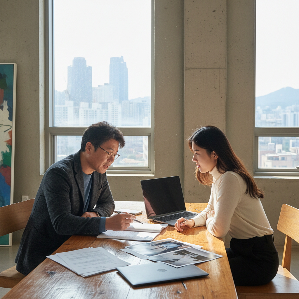 A professional photographer in a modern South Korean studio reviewing a photo licensing agreement with a client, symbolizing the purpose of photo license contracts in a business setting. The scene conveys trust, collaboration, and legal protection in the photography industry, with no children present.